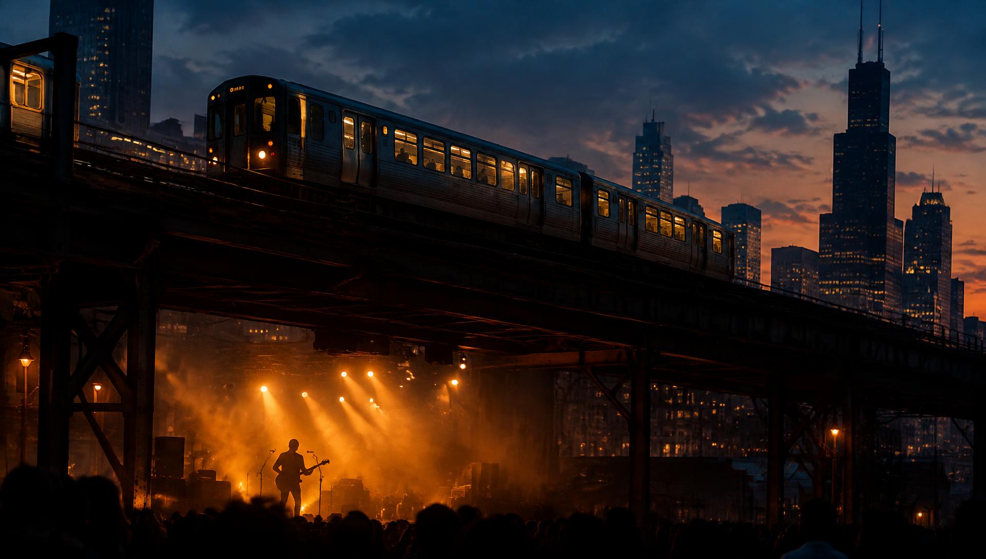 Chicago L train passing over a glowing rock stage at dusk